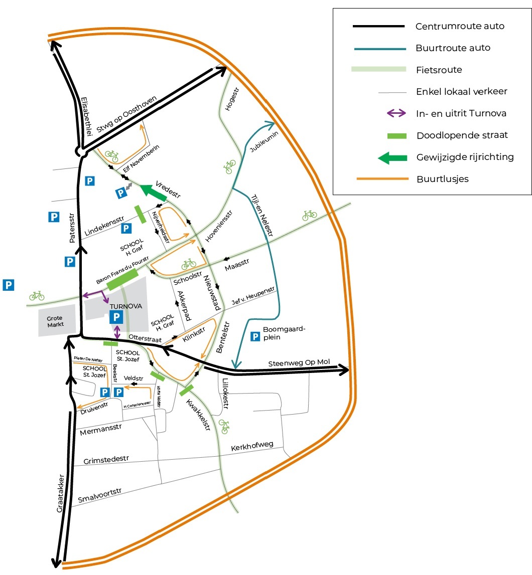 hoofdroutes en buurtlussen voor auto's en fietsers in omgeving Turnova