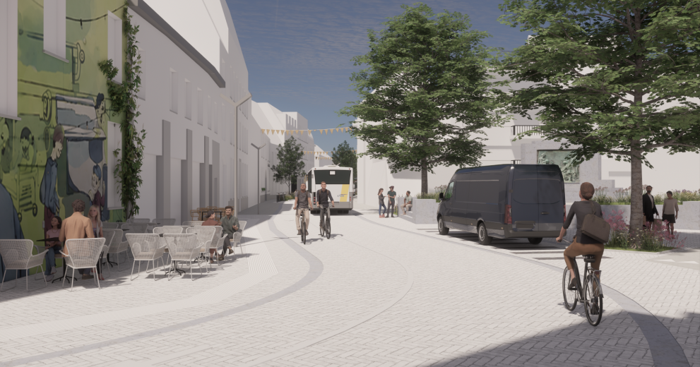 Toekomstbeeld hernieuwde Warandestraat vanaf het Zegeplein