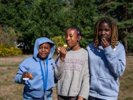 3 tieners eten appel op Wollebos